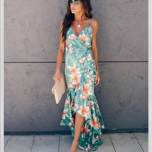 Vici Nikita Tiered Ruffle Wrap Maxi Dress Tropical
